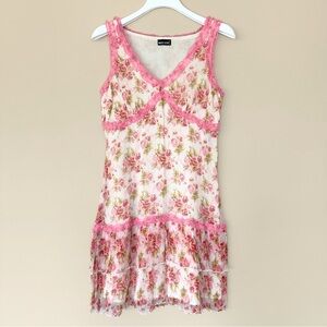 Vintage Junior 9 Cottagecore Y2K Floral Fairy Dress Ruffle Babydoll Pink Rose